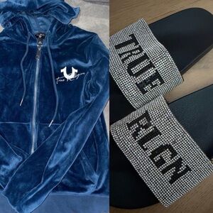 True Religion Blue Velour Zip-Up Hoodie size Small & Rhinestone Sandals size 7